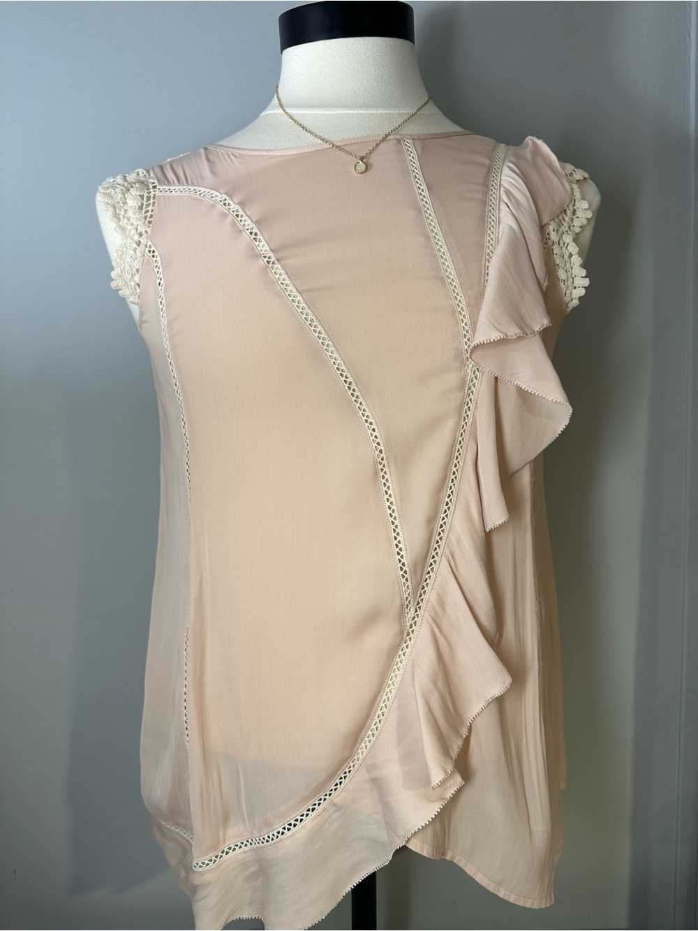 Love Sam Soft Cream Ruffle Blouse with Crochet Sleeves